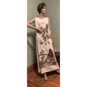 Vintage Alfred Shaheen Asian Inspired Hand Printed PAGODA Maxi Dress
